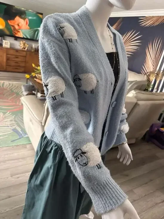 Love Change Italy Blue Sheep Embroidered Knit V-Neck Cardigan Sweater - Picture 2 of 4